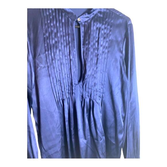 THEORY TOP M SILK BLEND BLUE BLOUSE LONG SLEEVE SHIRT PLEATED KEYHOLE PINTUCK - Picture 4 of 7